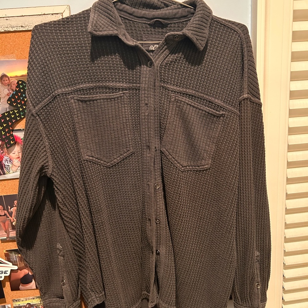 Aerie Gray Waffle Knit Button-Up Sweatshirt
